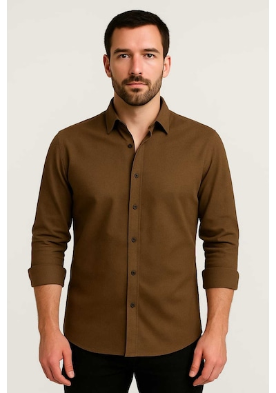 Bürke Sofya Keten Dokulu Uzun Kollu Kahve Yarım Oversize Erkek Gömlek