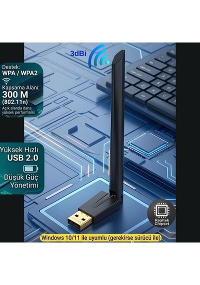 Wifi Adaptör 150 Mbps Antenli 802.11n Versatile Usb Kablosuz Alıcı Windows 10/11 Uyumlu