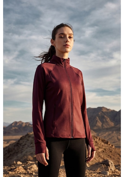 Tommy Life Bordo Fermuarlı Dik Yaka Basic Rahat Form Kadın Koşu Ceketi - 97310 Bordo