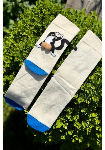 Lousocks Unisex Bej Sırtı Dönük Kedi Desenli Ponpon Soket Çorap
