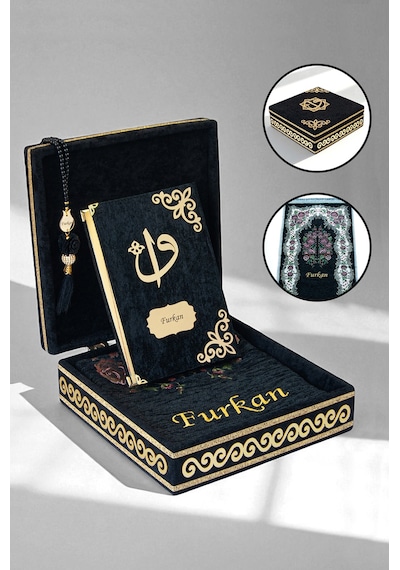 Sandıklı Kişiye Özel İsimli Seccade Seti - Kadife Kaplı Kuranı Kerim Seti - Siyah Siyah