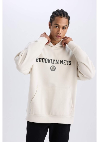 DeFactoFit NBA Brooklyn Nets Oversize Geniş Kalıp Kapüşonlu Sırt Baskılı Skuba Dalgıç Kumaş Sweatshirt D6711AX25SPBG662