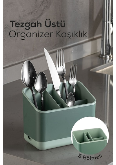 Vienev Tezgah Üstü Kaşık Düzenleyici 5 Bölmeli Organizer Kaşıklık Yeşil