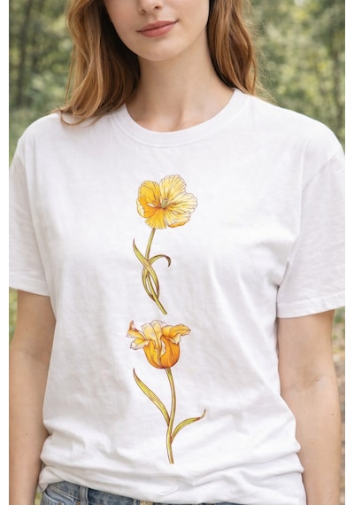 Herkesemoda Sarı Çiçek Baskı Detaylı Basic T-shirt Beyaz