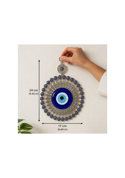 Duvar Süsü Metal Gövdeli Cam Nazar Boncuklu Mavi Gümüş Rengi Yuvarlak Ev Ve Bahçe Dekoru 24 Cm