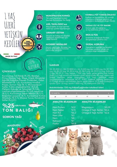 Monoprotein Ton Balıklı Narlı Ve Yaban Mersinli Düşük Tahıllı Yetişkin Kedi Maması 1,5 Kg
