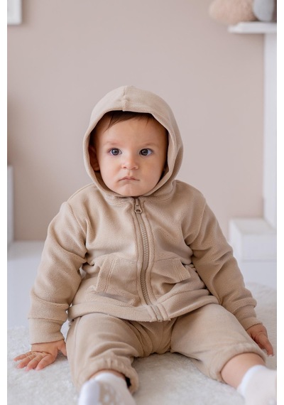 Mininio Unisex Çocuk Kapşonlu Kanguru Cepli Polar Ceket - Bej Bej
