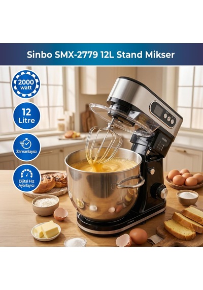 Sinbo Smx-2779 Stand Mikser 2000w, 12 L Paslanmaz Çelik Hazne, Dijital Ekranlı, Zaman Ayarlı, 8 Belirtilmemiş