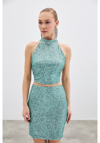 Sateen Kolsuz Payetli Bluz - Mint-135517 Mint