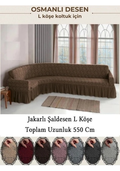 Upmall Jakarli Şal Desen 7 Kişilik L Köşe Koltuk Örtüsü, Esnek Koltuk Kılıfı, Osmanlı Desen 550cm Kahve kahve