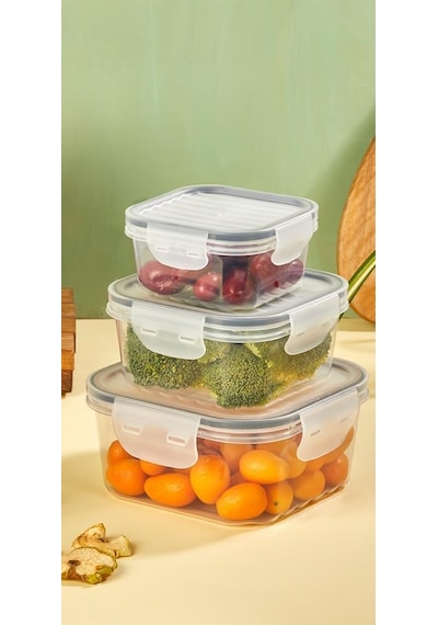 Tam Vakumlu Hava Geçirmez Sızdırmaz Kilitli Kare Saklama Kabı 3'lü Set Şeffaf 1400ml 800ml 400ml Bpafree Diğer