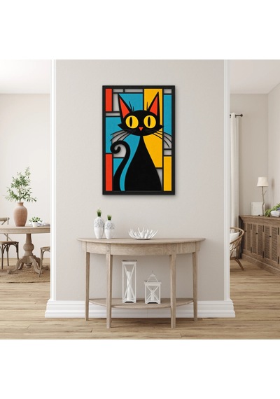Vitray Panelde Siyah Kedi Metal Tablo 53x80 Cm Çok Renkli