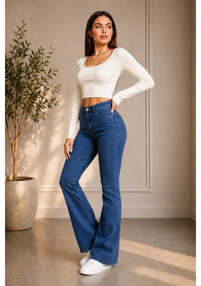 Woddi Kadın Lacivert Jeans Solmayan Yüksel Bel Likralı Toparlayıcı İspanyol Kot Pantolon