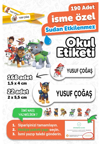 Okul Etiketi Kalem Defter İsimli Etiket Isim Yazılabilen Paw Petrol - 190 Adet Özel Tasarım Etiket Çok Renkli