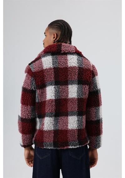 Vamos Oversize Peluş Ekose Ceket Bordo