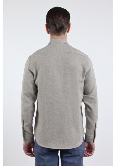 İmza Kahverengi - Beyaz Düğmeli Yaka Uzun Kol Cepsiz Slim Fit Pamuklu Gömlek 1004260164