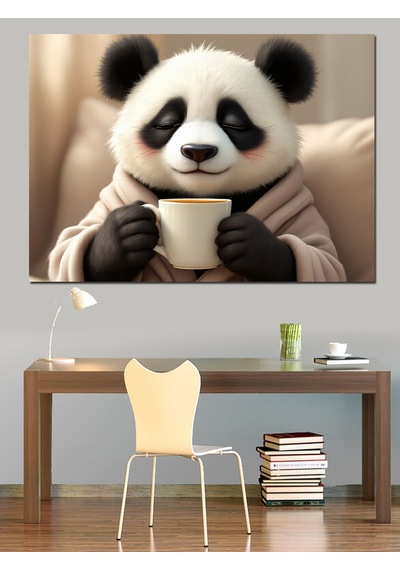 Kahve İçen Sevimli Panda Dekoratif Kanvas - Mdf Ahşap Tablo