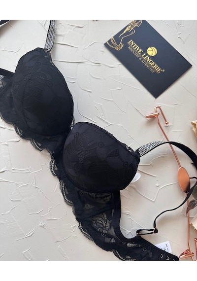 Jasmine Askıları Parlak Taşlı Hafif Destekli Dantelli Soft Cup İt Siyah