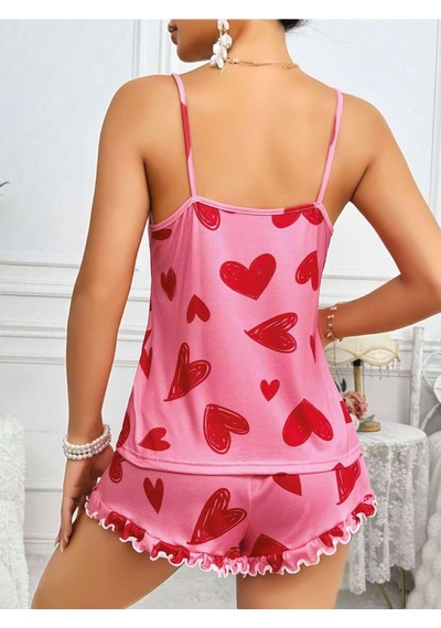 Kadın Pembe Kalp Baskılı Şortlu Gecelik Pijama Takımı 5050 Beden / Renk: L/xl / Pembe Diğer