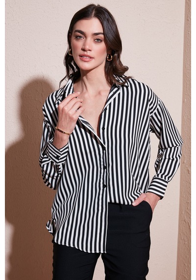 Lela Standart Fit Klasik Yaka Çizgili Bayan Gömlek 6772894 Siyah