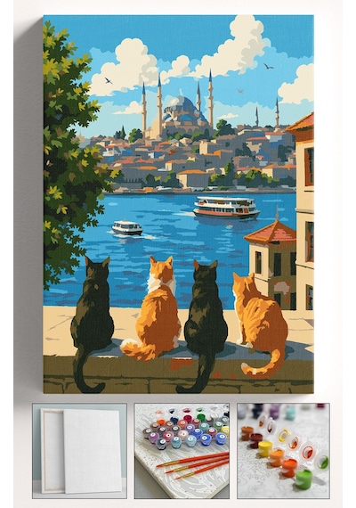 Sayılarla Boyama Seti Numaralı Tuval Fırça Boya Askı Aparatı Dahil Set 40x50 Cm - İstanbul Kediler