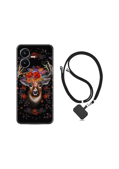 Vivo Y22S Kılıf İpli Boyun Askılı Desenli Silikon Rose Deer 1661