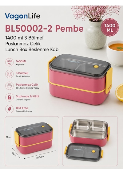Vagonlife Bl50002-2 Pembe 1400 Ml 3 Bölmeli Paslanmaz Çelik Lunch Box Beslenme Kabı Çok Renkli