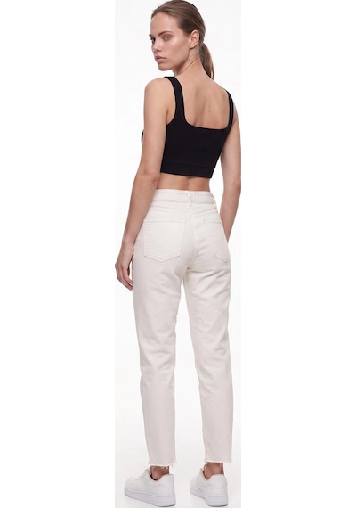 CEMO Kadın Yüksek Bel Mom Fit Kesik Paca Jean Pantolon Beyaz