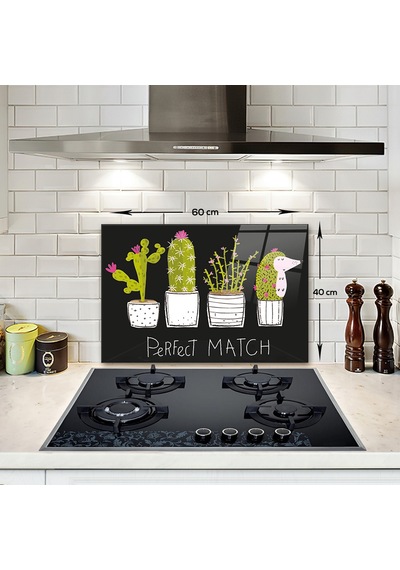 Cam Ocak Arkası Koruyucu | Perfect Match - Siyah Fon |40cm x 60cm