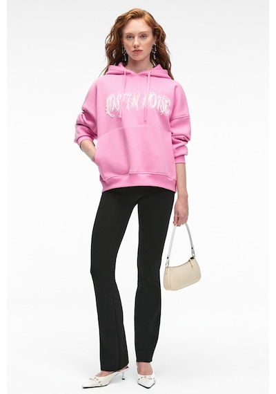 Grimelange ALIRAYNE Kadın Baskılı Oversize Kapüşonlu Kanguru Cep Pembe Sweatshirt