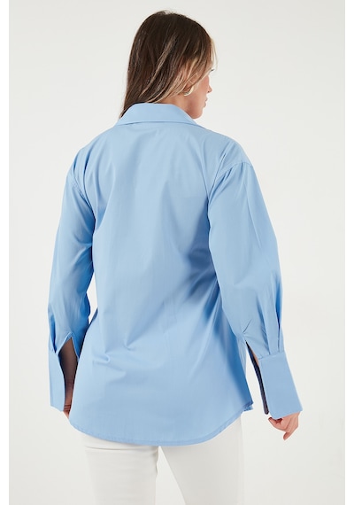 Lela Regular Fit Klasik Yaka Bağlamalı Uzun Kollu Bayan Gömlek 6834987 Mavi