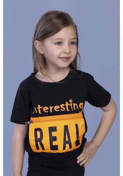Toontoy Kids Toontoy Kız Çocuk Crop Model Cebi Reflektör Detaylı Baskılı Tişört Siyah