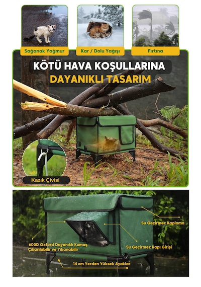 Reyo Dış Mekan Kedi Evi Isı Yalıtımlı Su Ve Rüzgar Geçirmez Kedi Barınağı Yeşil