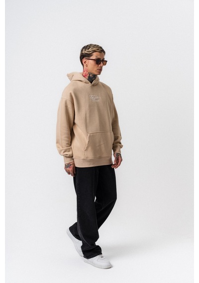 Respire Erkek Far From Basic Nakışlı Kapüşonlu Oversize Hoodie Bej