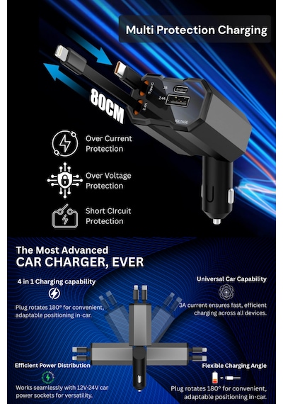 Usb C Typec Araç Şarj Aleti,4'ü 1 Arada Hızlı Şarz Araç 66w Araç Usb Şarj Cihaz Samsung Apple 120w