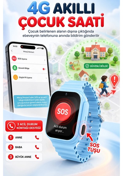 Exenar - Mavi - Akıllı Çocuk Saati 4g Sim Kartlı Gps Rota Takipli Sos Kameralı Görüntülü Konuşmalı Kız Erkek Saat