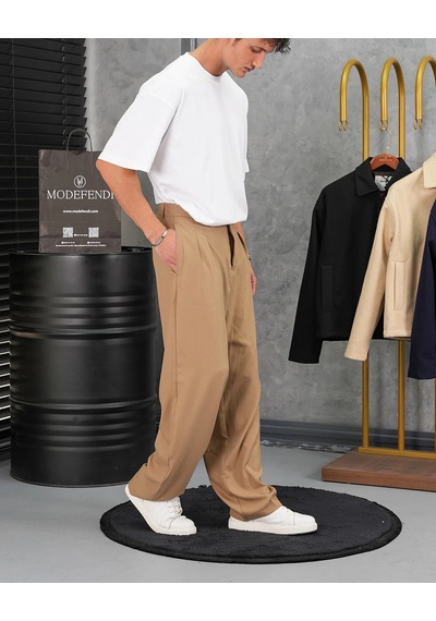 Modefendi Baggy Kalıp Pile Detaylı Kumaş Pantolon Camel