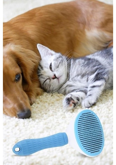 Mcg Mcg Kedi Köpek Tüy Toplayıcı Kendini Temizleyebilen Ergonomik Saplı Evcil Hayvan Tarağı Mavi