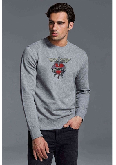 Bon Jovı Heart Baskılı Gri Erkek Örme Sweatshirt