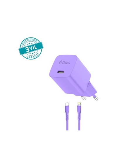 Ttec Smartcharger Gan 20w Pd Seyahat Hızlı Şarj Aleti + Usb-c - Lightning 120cm Kablo Neon Mor