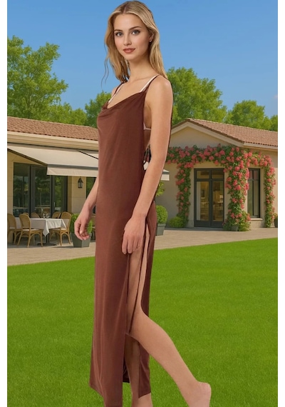 Ersefa Kadın Yazlık Örme Bodycon Plaj Elbise Derin Yırtmaçlı Maxi Özenle Kahverengi