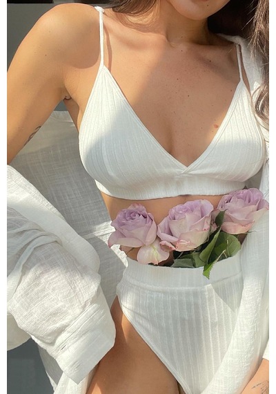 Ang Butik Kadın Beyaz Yüksek Bel Dolgusuz Slip Takım