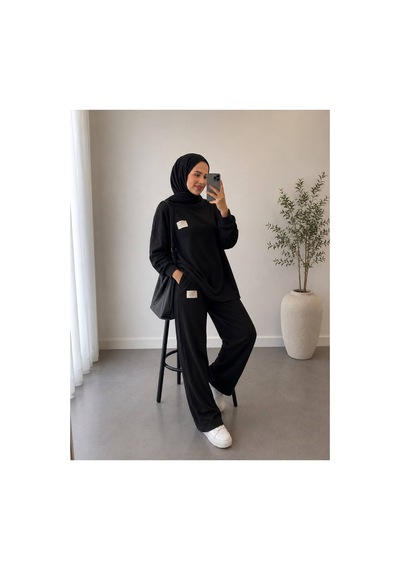 Öners Fitilli Armalı Detaylı Oversize Kaşkorse Basic Alt-üst Takım Siyah Siyah