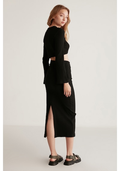 Ethıquet Lauren Kadın Slim Fit Fermuar Detaylı Midi Siyah Etek