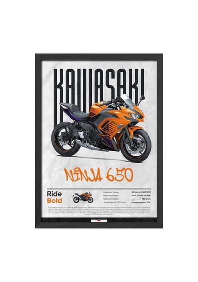 Kawasaki Ninja 650 Siyah Ahşap Çerçeveli Poster, Dekoratif Motosiklet Duvar Tablosu