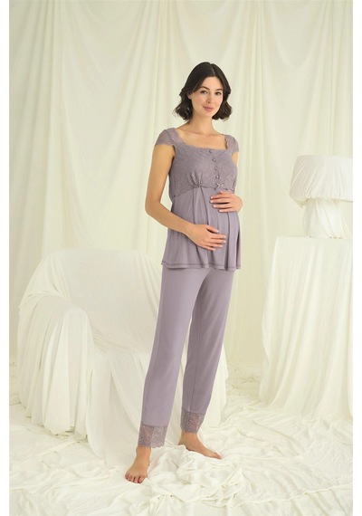 L'ombre Dantelli Önü Düğmeli Hamile Lohusa 3lü Pijama Takımı