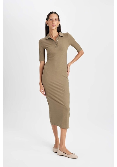 DeFacto Bodycon Vücuda Oturan Düğmeli Polo Yaka Fitilli Kaşkorse Yarım Kollu Midi Elbise C2882AX24AUKH459 DeFacto Bodycon Vücuda Oturan Düğmeli Polo Yaka Fitilli Kaşkorse Yarım Kollu Midi Elbise C2882AX24AUKH459
