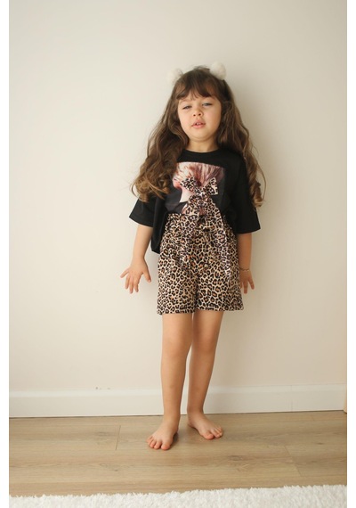 Miniko Kids Kız Çocuk Leopar Desenli Pamuk Şortlu Takım Siyah