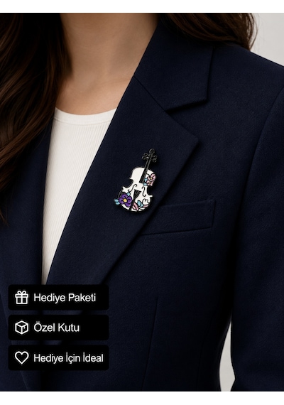 Çiçek Desenli Keman Rozeti Müzisyen Temalı Metal Yaka Rozeti Hediyelik Aksesuar Gri