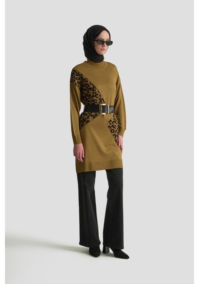 Armine Trend Leopar Desenli Triko Tunik Yağ Yeşili 25ytd4109 Yağ Yeşili
